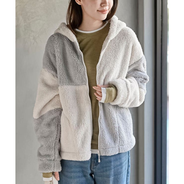 アイボリー | ボアフリース切替配色フードジャケット | rps