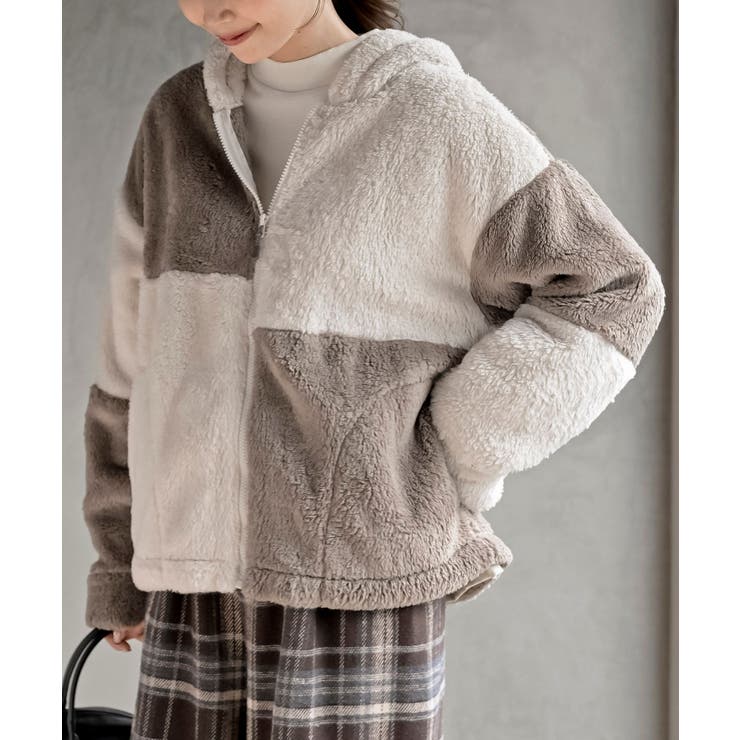 モカ | ボアフリース切替配色フードジャケット | rps