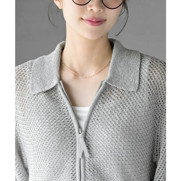 衿付き５分袖透かし編みＺＩＰカーディガン | rps | 詳細画像6 