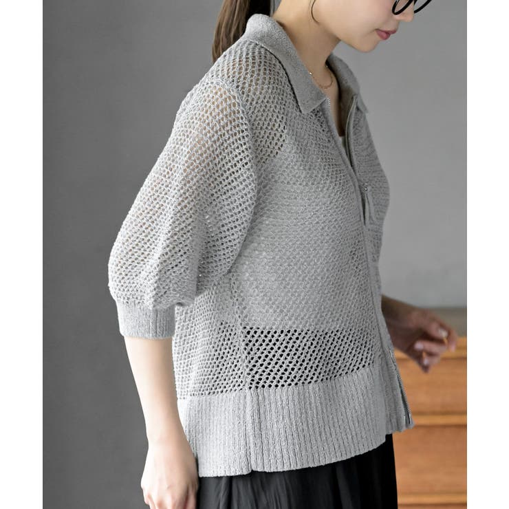 衿付き５分袖透かし編みＺＩＰカーディガン | rps | 詳細画像9 