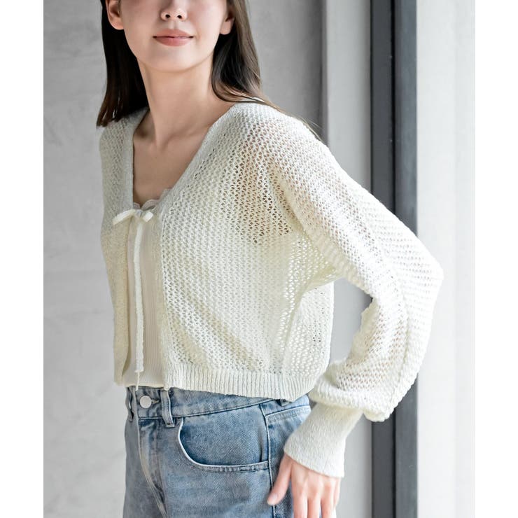 透かし編みフロントリボンラメニットカーディガン | rps | 詳細画像7 