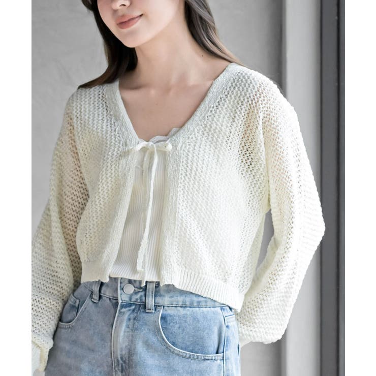 オフホワイト | 透かし編みフロントリボンラメニットカーディガン | rps