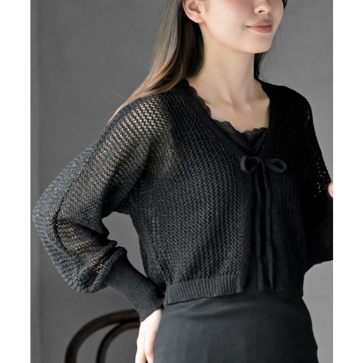 ブラック | 透かし編みフロントリボンラメニットカーディガン | rps