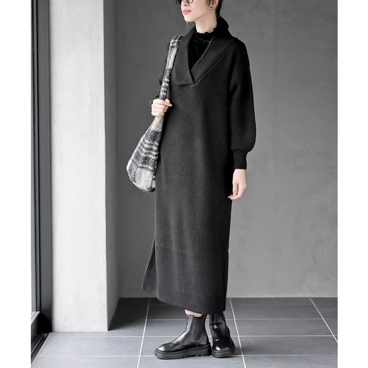 ブラック | ショールカラーニットワンピース | rps