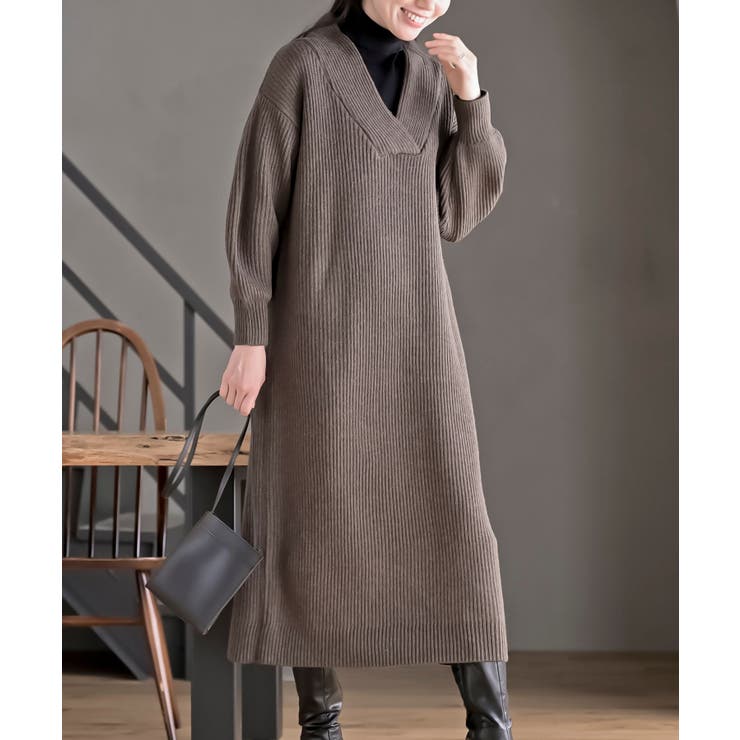 杢ブラウン | ショールカラーニットワンピース | rps