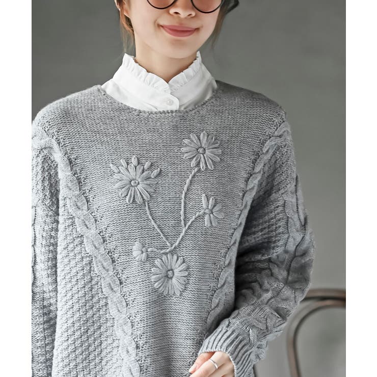 花柄刺繍ケーブルニットプルオーバー[品番：RPSW0004074]｜rps（アール
