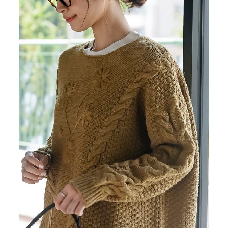 花柄刺繍ケーブルニットプルオーバー[品番：RPSW0004074]｜rps（アール