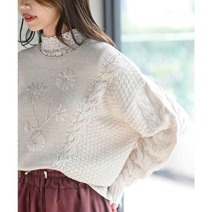 花柄刺繍ケーブルニットプルオーバー[品番：RPSW0004074]｜rps（アール