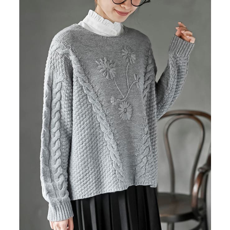 花柄刺繍ケーブルニットプルオーバー[品番：RPSW0004074]｜rps（アール