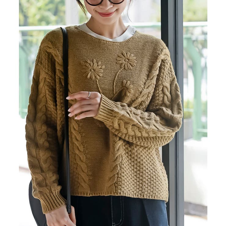 花柄刺繍ケーブルニットプルオーバー[品番：RPSW0004074]｜rps（アール