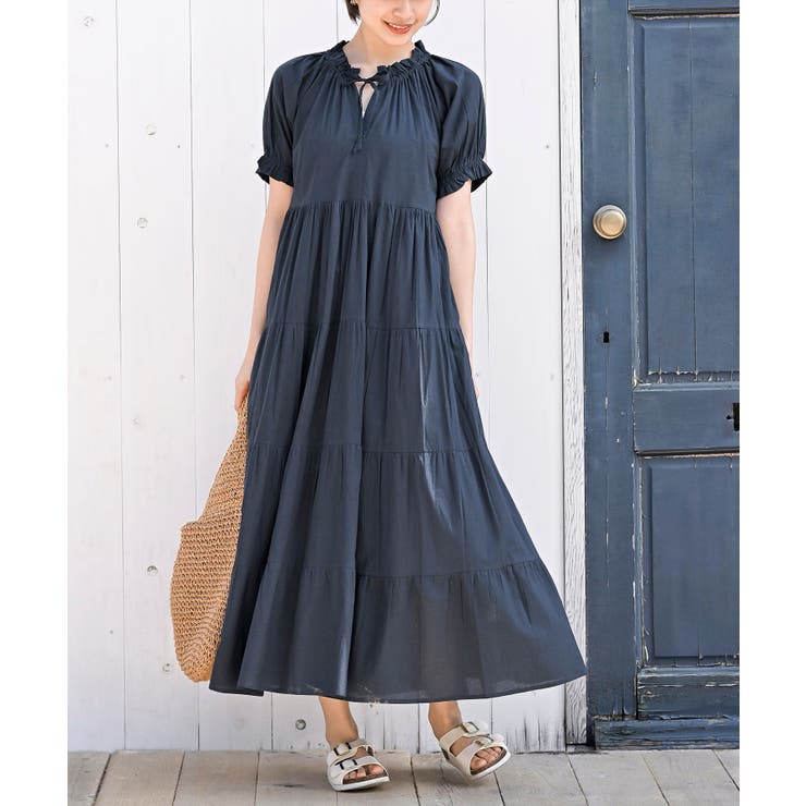 フリルネックワンピースネイビー