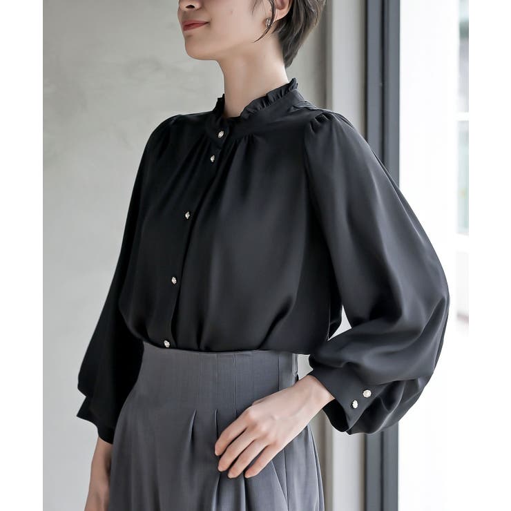ブラック | ボリューム袖フリルネックブラウス | rps