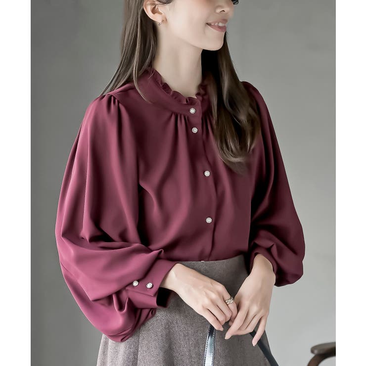 ボルドー | ボリューム袖フリルネックブラウス | rps