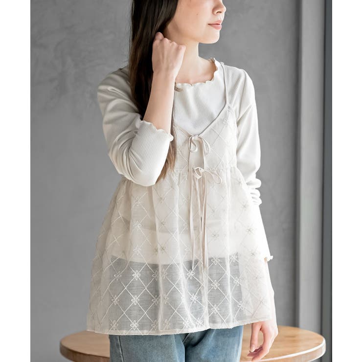 アイボリー | 花柄刺繍前開きダブルリボンキャミチュニック | rps