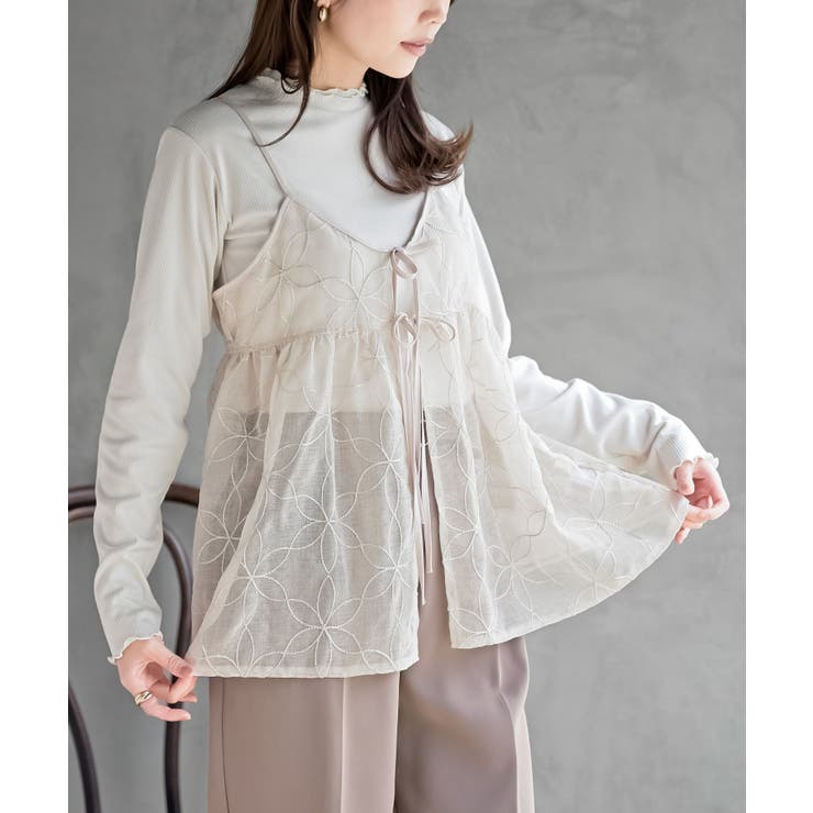 アイボリー2 | 花柄刺繍前開きダブルリボンキャミチュニック | rps