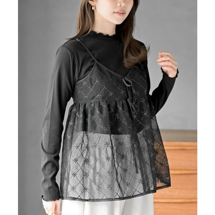 ブラック | 花柄刺繍前開きダブルリボンキャミチュニック | rps