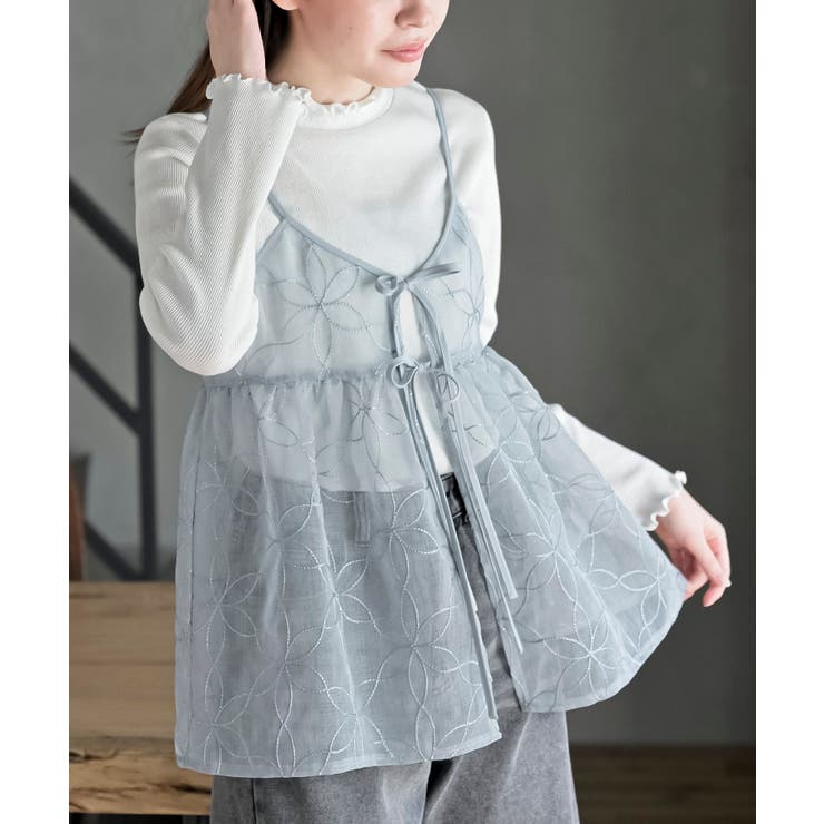 サックス | 花柄刺繍前開きダブルリボンキャミチュニック | rps