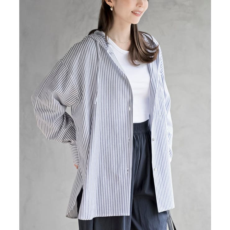 ネイビー | コットンシアーストライプフード付きブラウス | rps