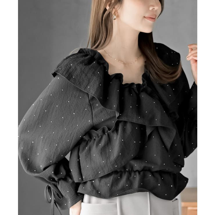ブラック | ホットフィックスクロスフリルペプラムブラウス | rps