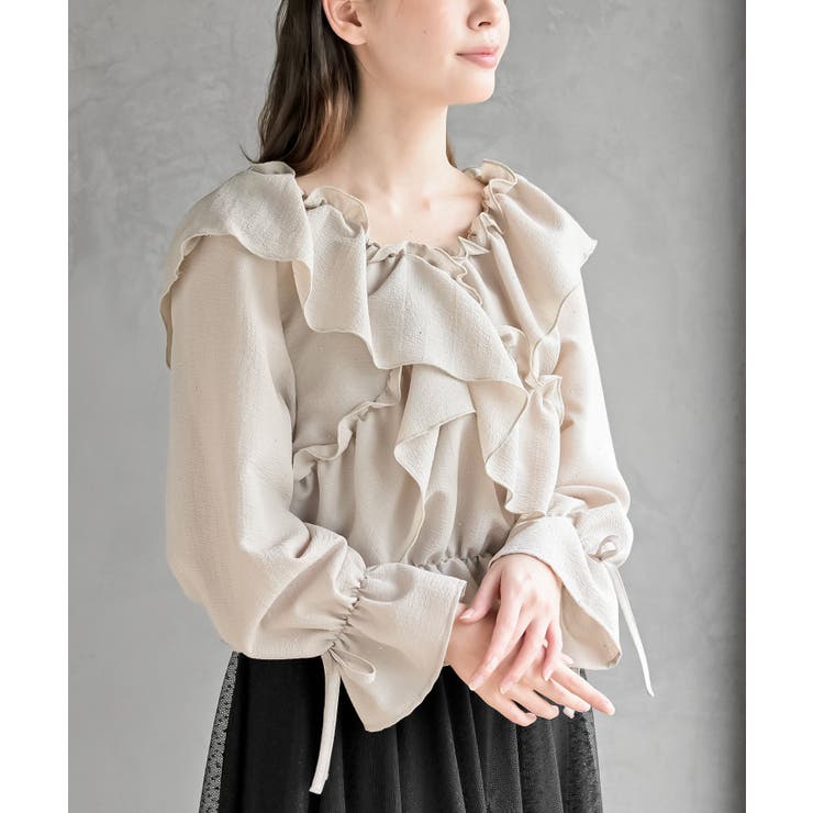 Lベージュ | ホットフィックスクロスフリルペプラムブラウス | rps