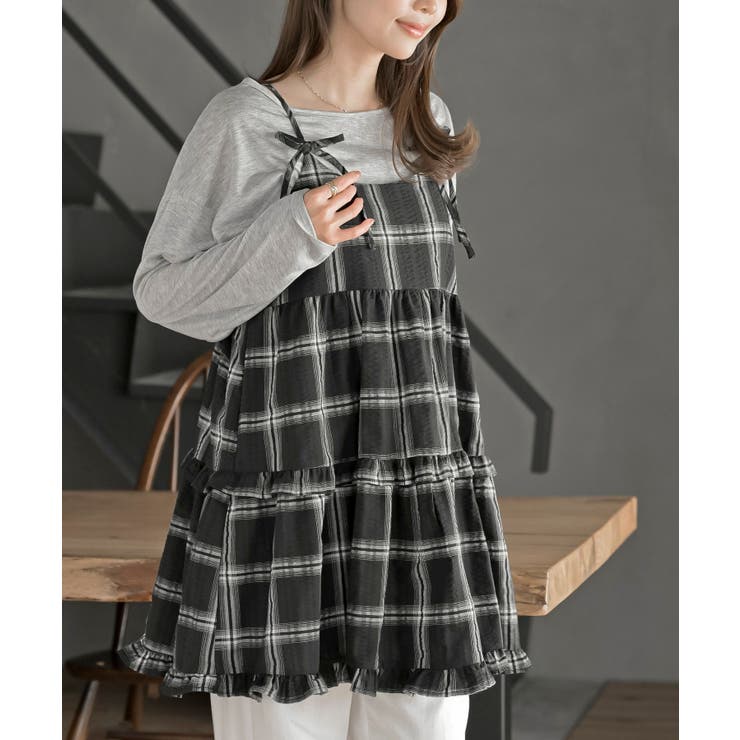 ブラック | ワッフルチェックリボンキャミチュニック | rps