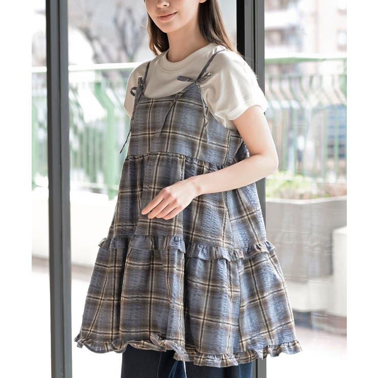 ブルー | ワッフルチェックリボンキャミチュニック | rps