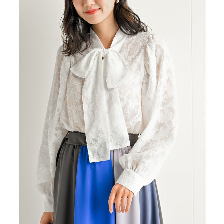 DSC / ジャガープリントサテンボウタイブラウス+パンツ Ballsey ブラウス シャツ コットンシルクサテン ピンタック