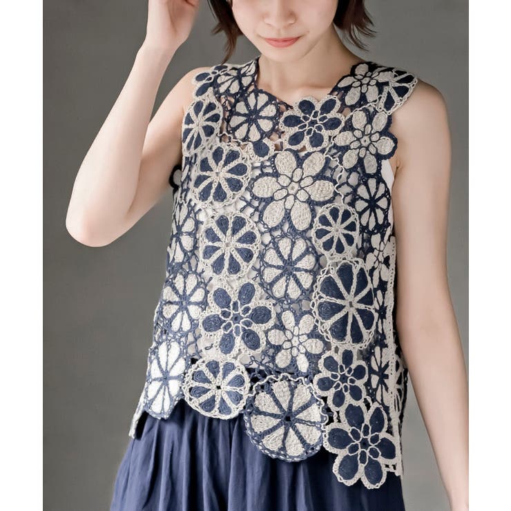 ネイビー | 配色レースベスト | rps