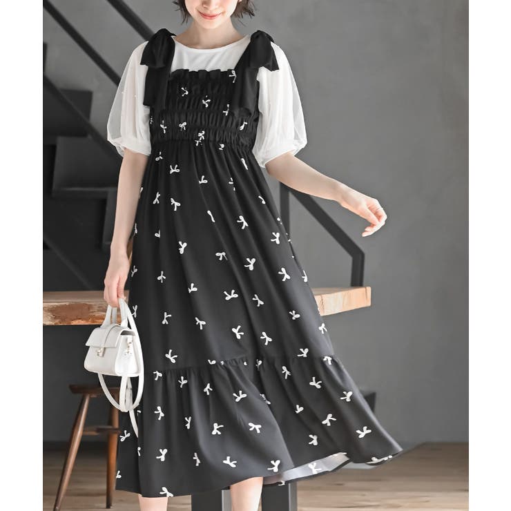 ブラック | 肩リボンシャーリングワンピース | rps