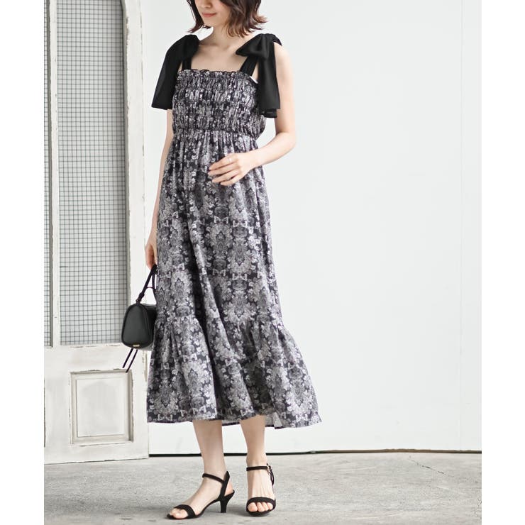 ブラック2 | 肩リボンシャーリングワンピース | rps