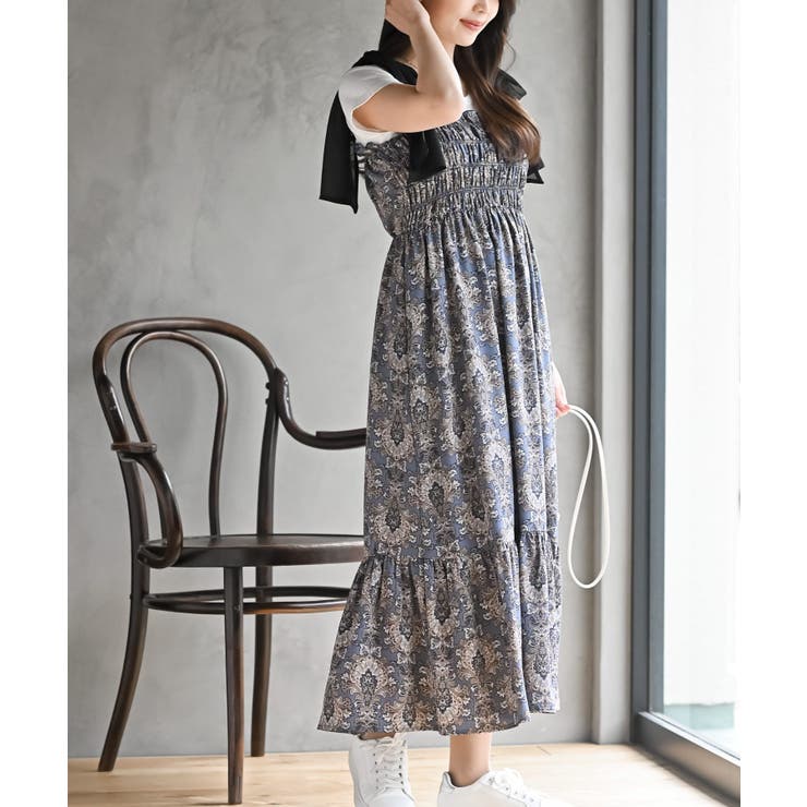 ブルー | 肩リボンシャーリングワンピース | rps