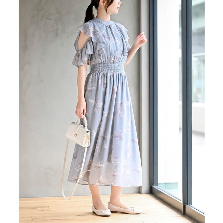 ブルー | ラッフルスリーブ花柄ワンピース | rps
