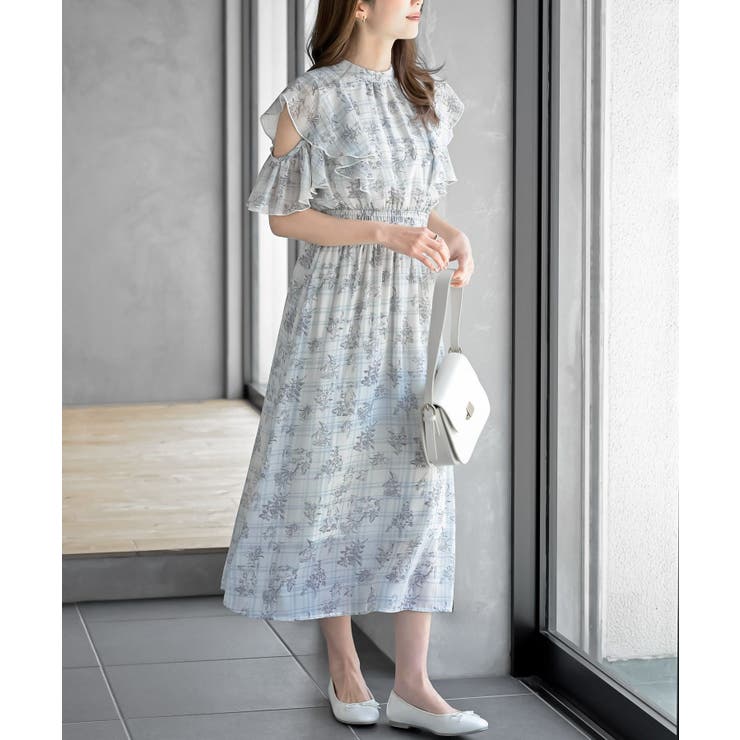 サックス | ラッフルスリーブ花柄ワンピース | rps