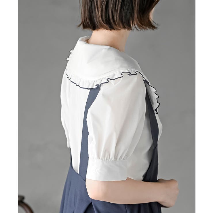 衿刺繍ひらひら袖ブラウス❤️ セール】衿ワンポイント刺繍ピコレース長袖ブラウス（シャツ/ブラウス