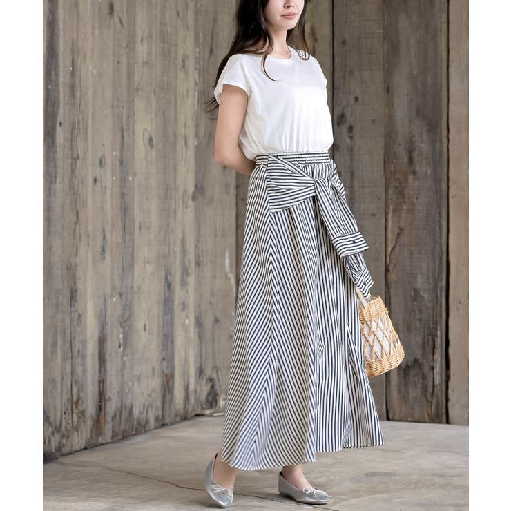 ストライプシャツ巻き風ギャザーフレアースカート | rps | 詳細画像20 