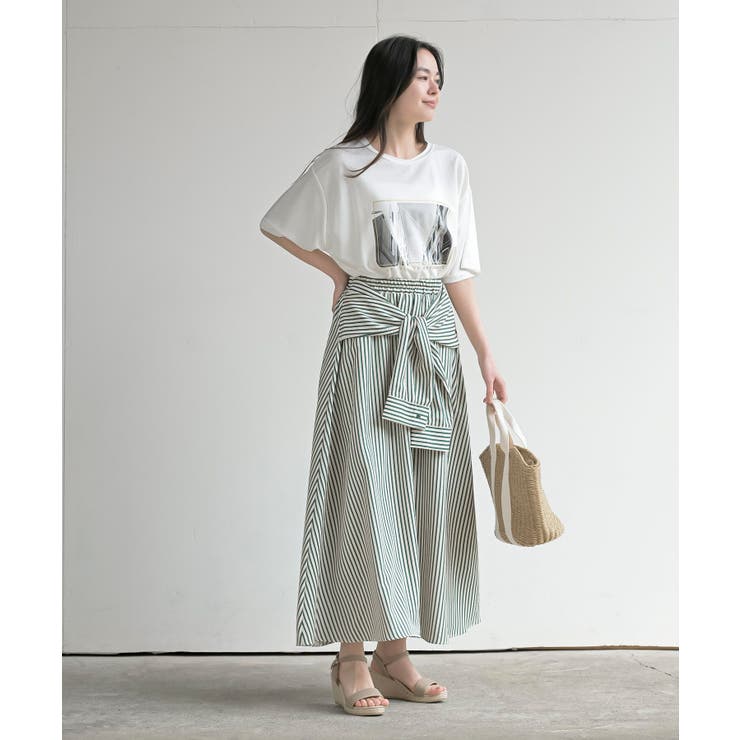 ストライプシャツ巻き風ギャザーフレアースカート | rps | 詳細画像9 
