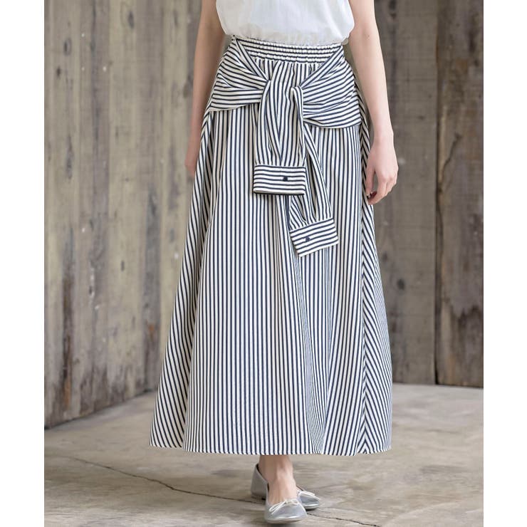 ネイビー | ストライプシャツ巻き風ギャザーフレアースカート | rps