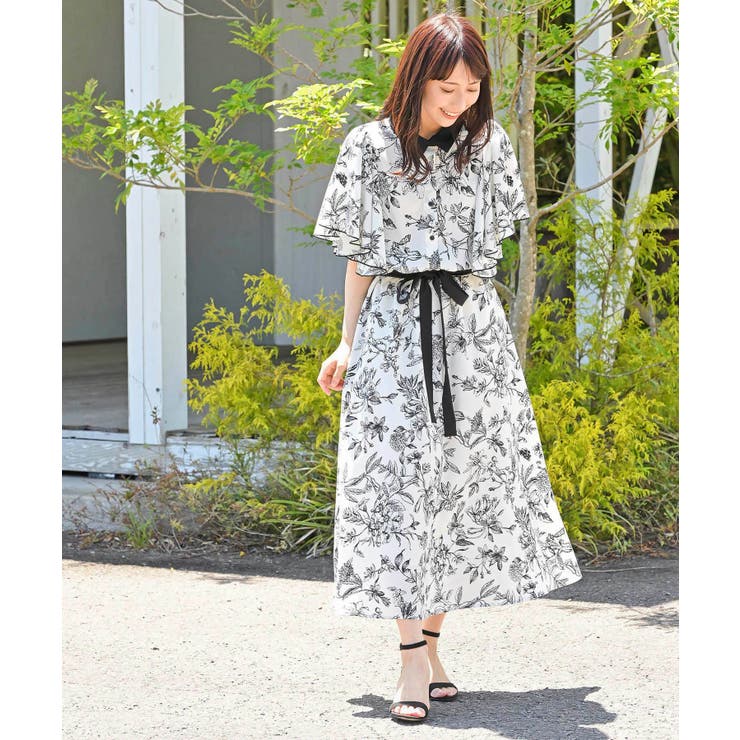 ベルト付きフレアスリーブ花柄ワンピース[品番：RPSW0001776]｜rps