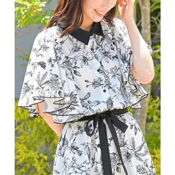 ベルト付きフレアスリーブ花柄ワンピース[品番：RPSW0001776]｜rps