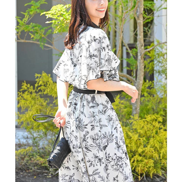 ベルト付きフレアスリーブ花柄ワンピース[品番：RPSW0001776]｜rps