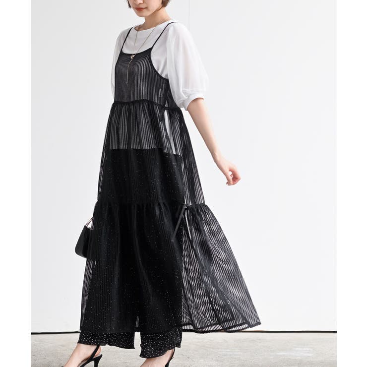 確認画像】異素材切り替えデザインシアーメッシュワンピースエプロン