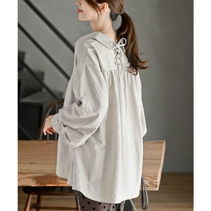 オフベージュ | レースアップピーチ起毛ボリューム袖ブラウス | rps