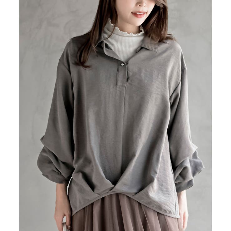 CHACグレー | 変形袖タックピーチ起毛スキッパーブラウス | rps