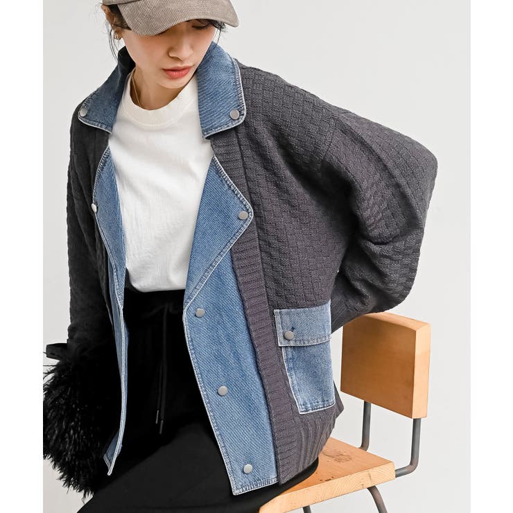 CHACグレー | デニム切替ライダースニットジャケット | rps