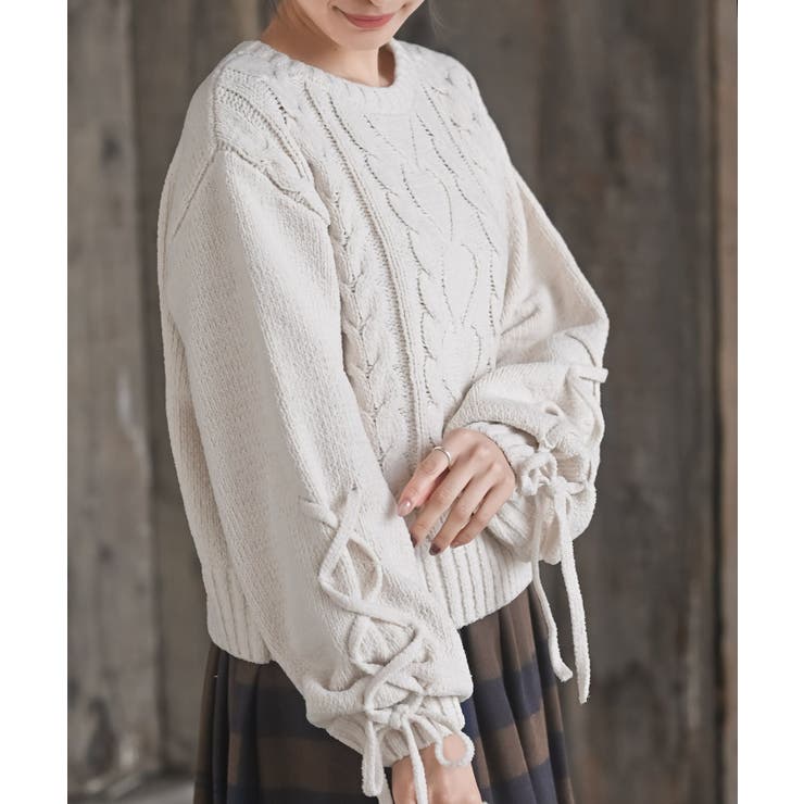 オフベージュ | レースアップスリーブケーブルモールニットプルオーバー | rps