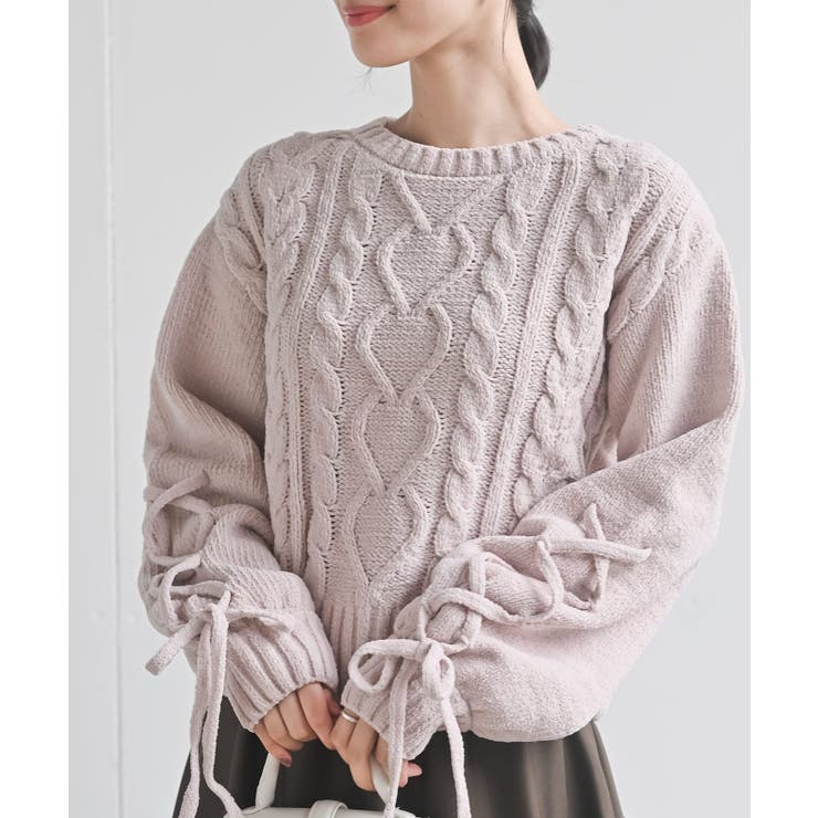 ピンク | レースアップスリーブケーブルモールニットプルオーバー | rps