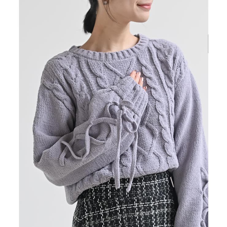 ラベンダー | レースアップスリーブケーブルモールニットプルオーバー | rps