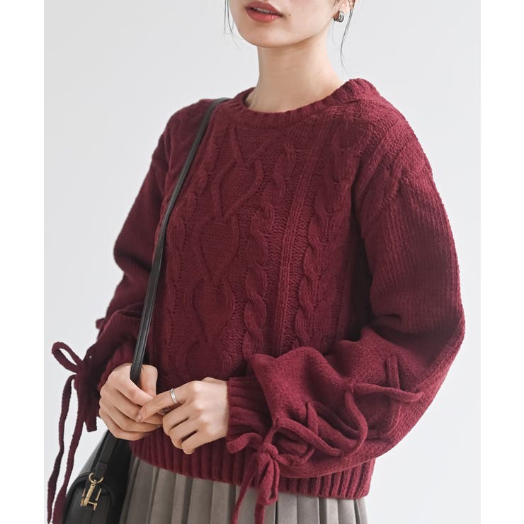 ボルドー | レースアップスリーブケーブルモールニットプルオーバー | rps