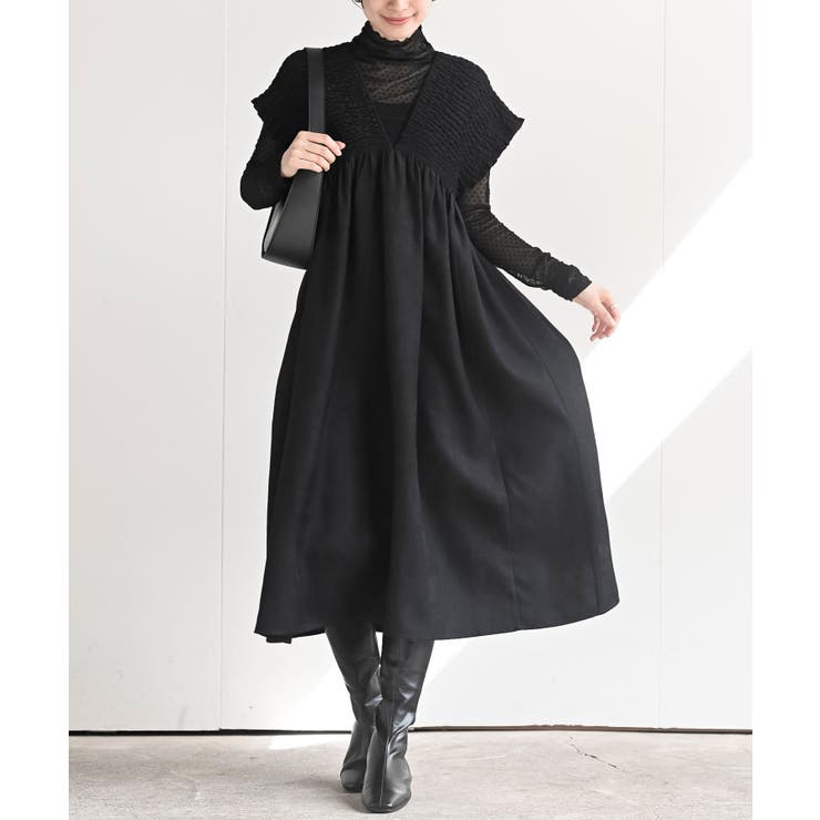 ブラック | Ｖネックシャーリングワンピース | rps