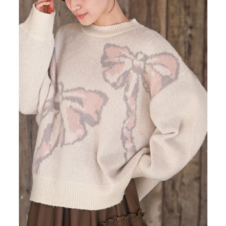 ベージュ | ＢＩＧリボン柄ニットプルオーバー | rps
